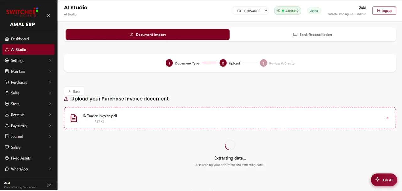 AmalERP AI Studio turning vendor invoices and bank statements into draft accounting entries to approve