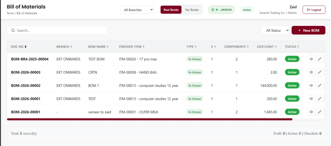 AmalERP Bill of Materials list with finished items and cost per unit