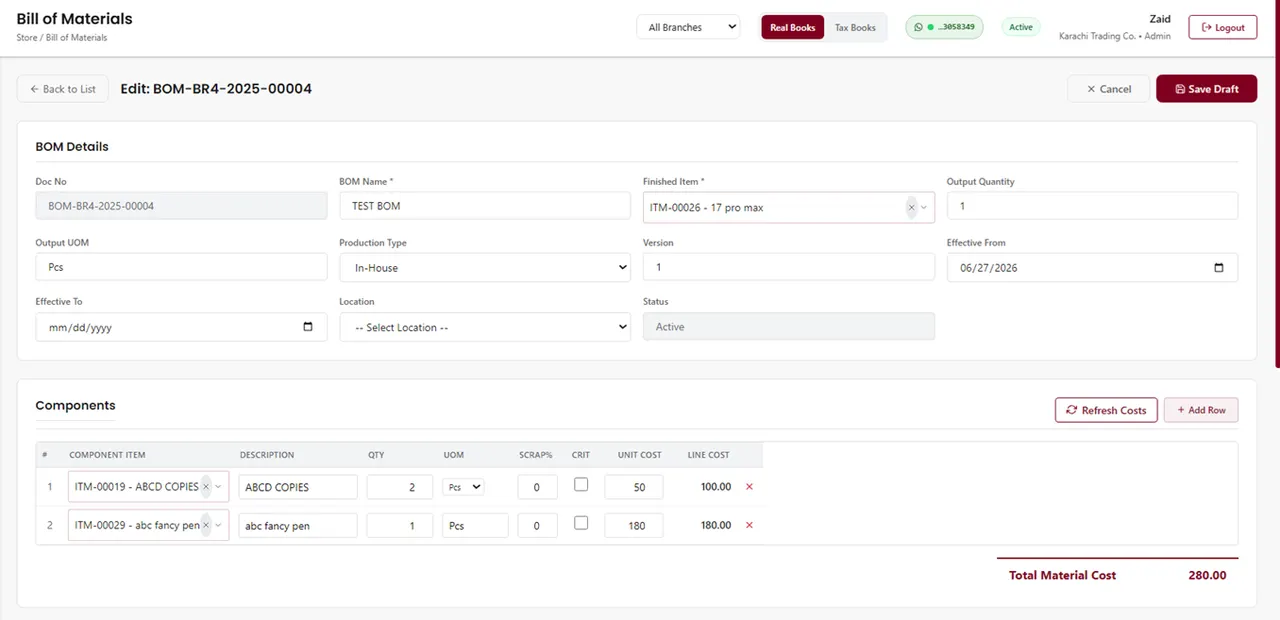 AmalERP Bill of Materials with components, quantities, scrap and line cost