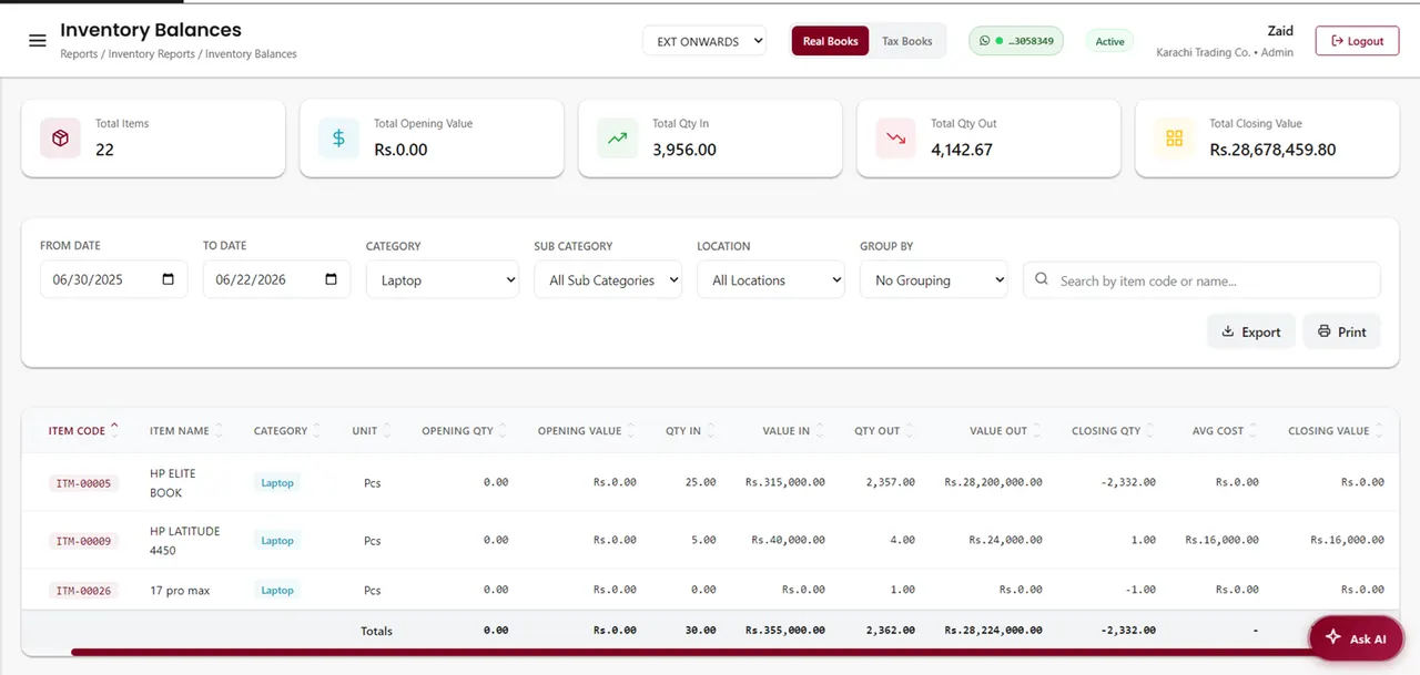 AmalERP inventory balances report showing quantities, values and weighted-average cost per item