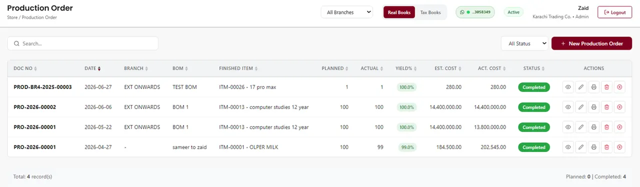 AmalERP production order list showing planned vs actual quantity, yield and cost per run