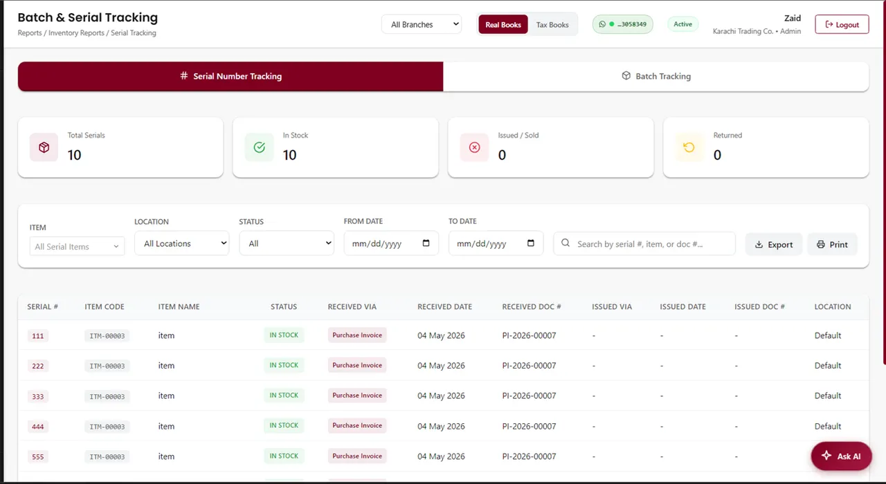AmalERP serial number tracking report listing units by serial, status and location