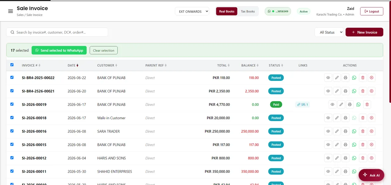 Sending a customer statement and payment reminder on WhatsApp from AmalERP