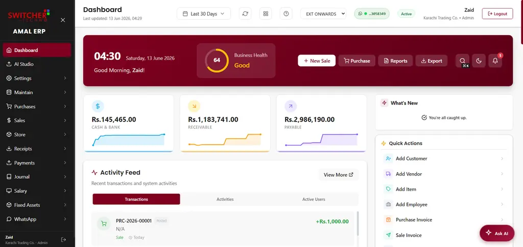 AmalERP dashboard showing business KPIs, cash flow and tax-ready reporting