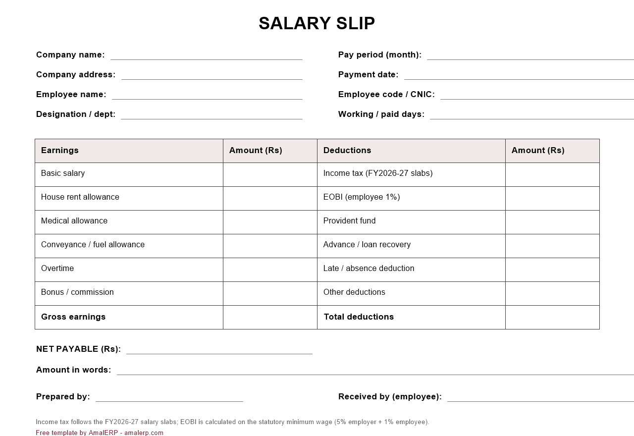 Salary slip format for Pakistan with earnings, income tax FY2026-27, EOBI and net payable fields