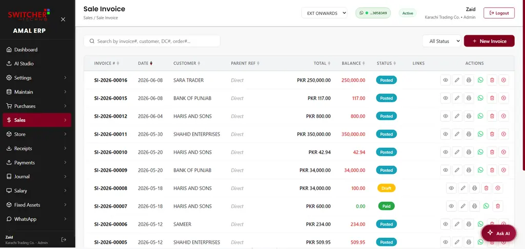 AmalERP sale invoice list with tax details, structured and ready for FBR digital invoicing