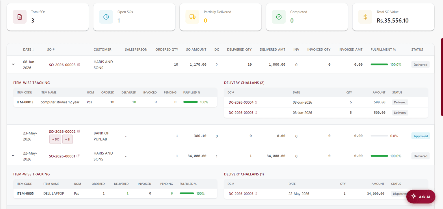 AmalERP order tracking report showing ordered vs delivered vs invoiced