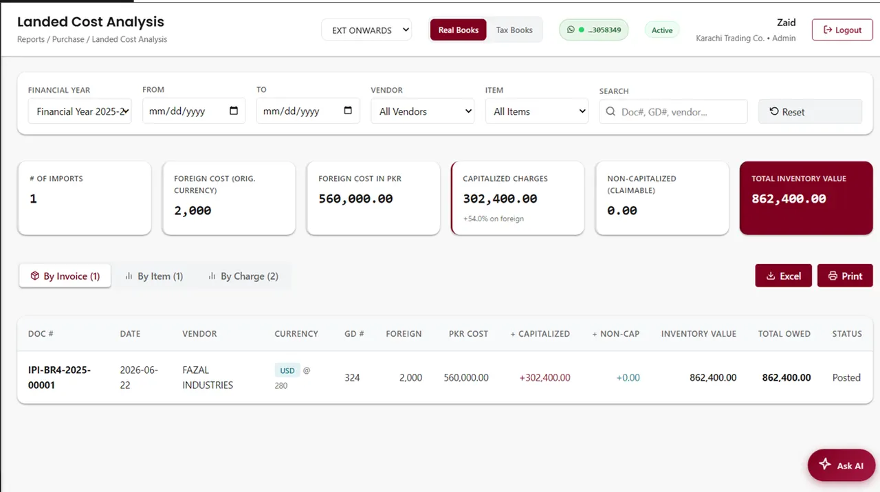 AmalERP Landed Cost Analysis showing capitalized import charges and true inventory value