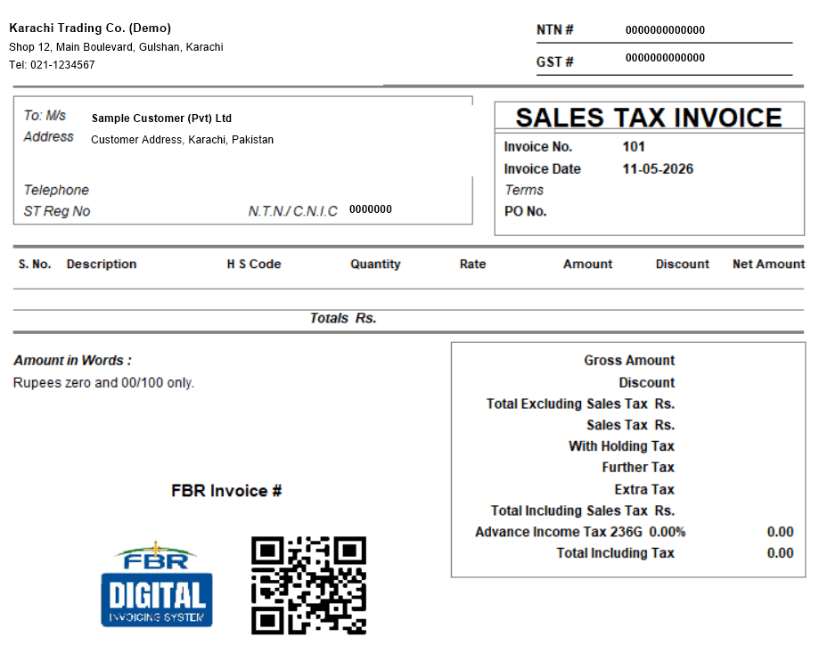 AmalERP FBR digital invoice print layout showing the FBR Invoice number field, FBR Digital Invoicing System logo and QR code alongside standard sales tax invoice fields (demo data)
